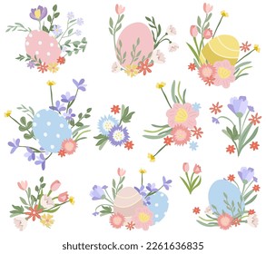Compositions with bright Easter eggs, colored flowers, leaves. Concept of holiday, joy, happiness. Spring flowering. Vector graphics.