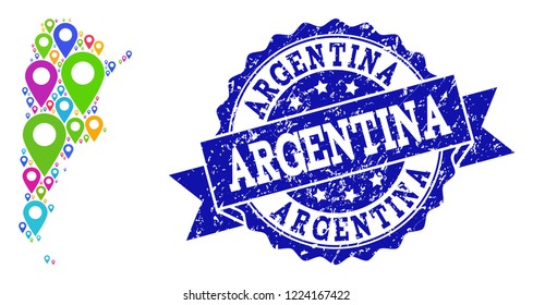 Compositions of bright map of Argentina and grunge stamp seal. Mosaic vector map of Argentina is designed with colorful site pins. Flat design elements for site applications.