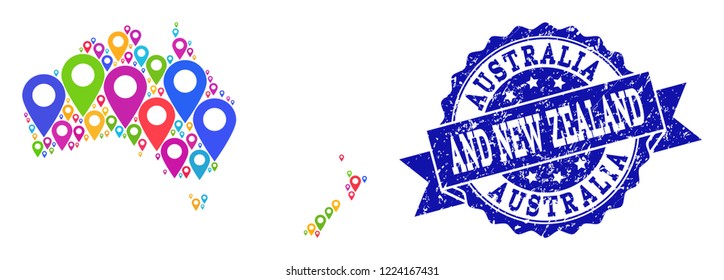 Compositions of bright map of Australia and New Zealand and grunge stamp seal. Mosaic vector map of Australia and New Zealand is designed with colorful site pointers.