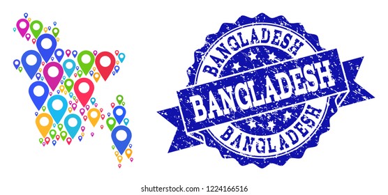 Compositions of bright map of Bangladesh and grunge stamp seal. Mosaic vector map of Bangladesh is composed with bright site pointers. Flat design elements for politic guides.