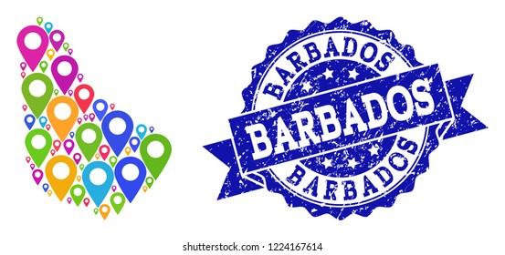 Compositions of bright map of Barbados and grunge stamp seal. Mosaic vector map of Barbados is composed with bright map pointers. Flat design elements for touristic advertisement.