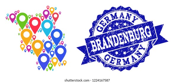 Compositions of bright map of Brandenburg State and grunge stamp seal. Mosaic vector map of Brandenburg State is designed with colorful site pins. Abstract design elements for site applications.