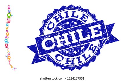 Compositions of bright map of Chile and grunge stamp seal. Mosaic vector map of Chile is formed with bright map pointers. Flat design elements for patriotic posters. Blue stamp contains rosette,