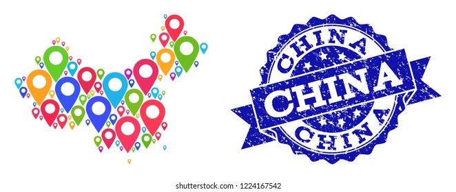 Compositions of bright map of China and grunge stamp seal. Mosaic vector map of China is formed with bright map markers. Abstract design elements for patriotic posters. Blue stamp contains rosette,