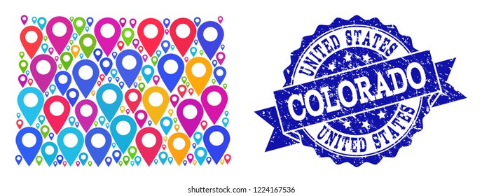 Compositions of bright map of Colorado State and grunge stamp seal. Mosaic vector map of Colorado State is designed with bright site pointers. Flat design elements for politic projects.