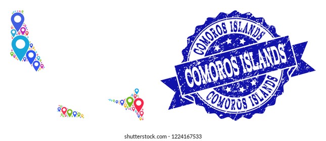 Compositions of bright map of Comoros Islands and grunge stamp seal. Mosaic vector map of Comoros Islands is designed with bright map markers. Abstract design elements for touristic guides.