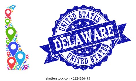 Compositions of bright map of Delaware State and grunge stamp seal. Mosaic vector map of Delaware State is designed with colorful site markers. Abstract design elements for site wallpapers.