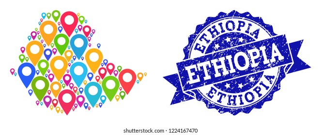 Compositions of bright map of Ethiopia and grunge stamp seal. Mosaic vector map of Ethiopia is composed with bright site markers. Flat design elements for touristic posters.