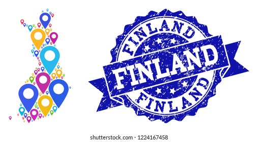 Compositions of bright map of Finland and grunge stamp seal. Mosaic vector map of Finland is formed with bright site markers. Flat design elements for touristic wallpapers.