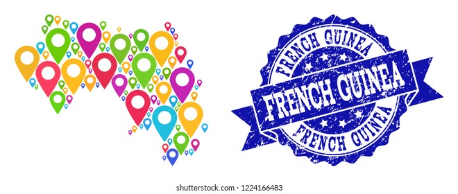 Compositions of bright map of French Guinea and grunge stamp seal. Mosaic vector map of French Guinea is formed with bright site markers. Flat collage for site applications.