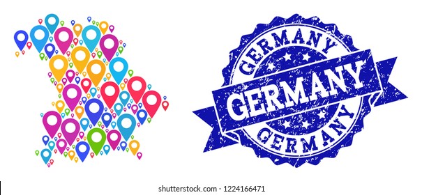 Compositions of bright map of Germany and grunge stamp seal. Mosaic vector map of Germany is formed with bright site pins. Abstract design elements for patriotic projects. Blue stamp contains rosette,