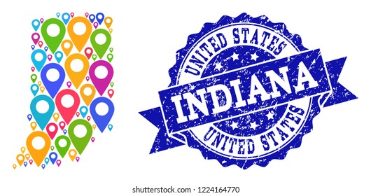 Compositions of bright map of Indiana State and grunge stamp seal. Mosaic vector map of Indiana State is composed with bright map pointers. Flat design elements for politic wallpapers.