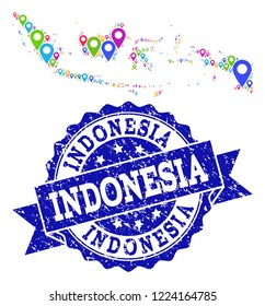 Compositions of bright map of Indonesia and grunge stamp seal. Mosaic vector map of Indonesia is designed with bright map pins. Abstract design elements for politic posters.
