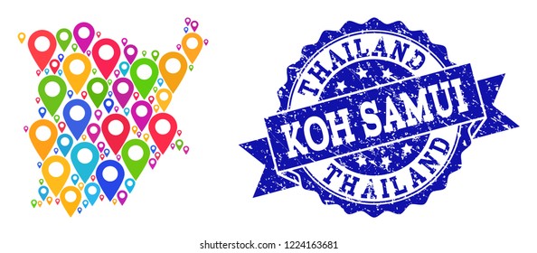 Compositions of bright map of Koh Samui and grunge stamp seal. Mosaic vector map of Koh Samui is designed with bright map pointers. Abstract design elements for site guides.