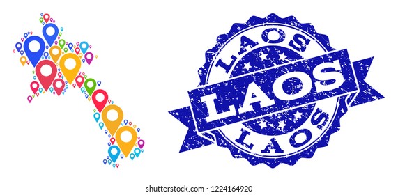 Compositions of bright map of Laos and grunge stamp seal. Mosaic vector map of Laos is created with bright map pointers. Abstract design elements for touristic illustrations.
