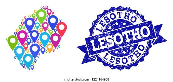 Compositions of bright map of Lesotho and grunge stamp seal. Mosaic vector map of Lesotho is designed with bright site markers. Abstract design elements for site applications.