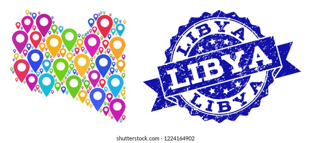 Compositions of bright map of Libya and grunge stamp seal. Mosaic vector map of Libya is created with bright site markers. Flat design elements for politic purposes. Blue stamp contains rosette,
