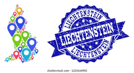 Compositions of bright map of Liechtenstein and grunge stamp seal. Mosaic vector map of Liechtenstein is created with bright map pins. Abstract design elements for site applications.