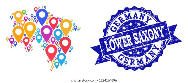 Compositions of bright map of Lower Saxony State and grunge stamp seal. Mosaic vector map of Lower Saxony State is designed with bright map markers. Flat design elements for site illustrations.