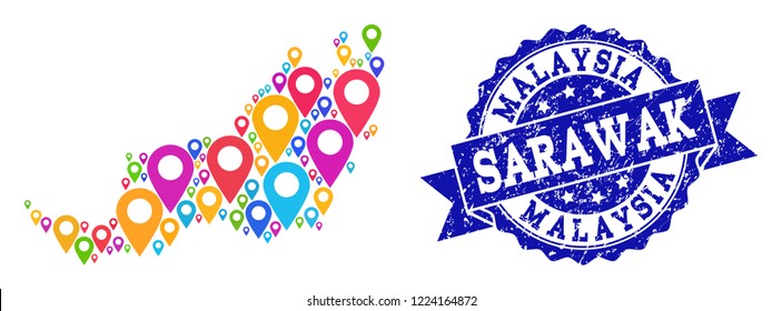 Compositions of bright map of Malaysian Sarawak and grunge stamp seal. Mosaic vector map of Malaysian Sarawak is formed with bright map pins. Abstract design elements for touristic guides.