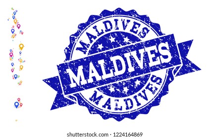 Compositions of bright map of Maldives and grunge stamp seal. Mosaic vector map of Maldives is composed with bright site pointers. Flat design elements for touristic posters.