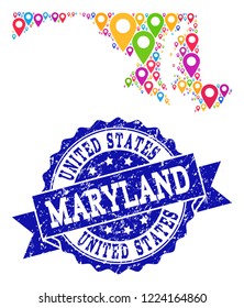 Compositions of bright map of Maryland State and grunge stamp seal. Mosaic vector map of Maryland State is composed with bright site markers. Flat collage for site posters.