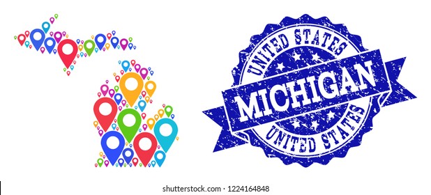 Compositions of bright map of Michigan State and grunge stamp seal. Mosaic vector map of Michigan State is designed with bright site pointers. Abstract design elements for patriotic posters.