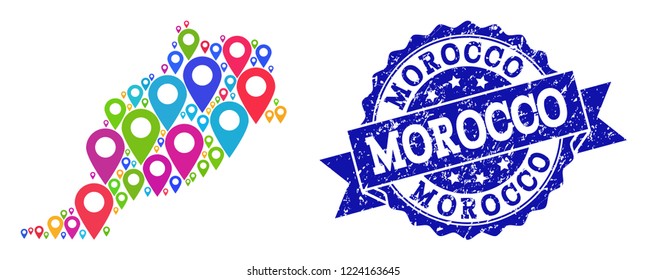 Compositions of bright map of Morocco and grunge stamp seal. Mosaic vector map of Morocco is created with bright site pointers. Flat design elements for site illustrations.