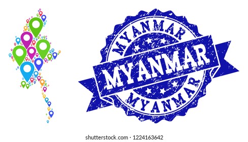 Compositions of bright map of Myanmar and grunge stamp seal. Mosaic vector map of Myanmar is created with bright map markers. Abstract design elements for politic posters. Blue stamp contains rosette,