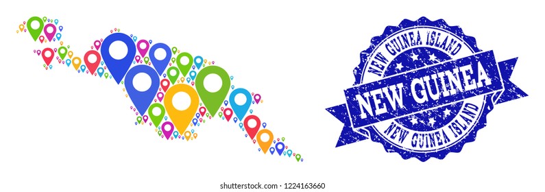 Compositions of bright map of New Guinea Island and grunge stamp seal. Mosaic vector map of New Guinea Island is composed with bright site markers. Flat design elements for patriotic guides.