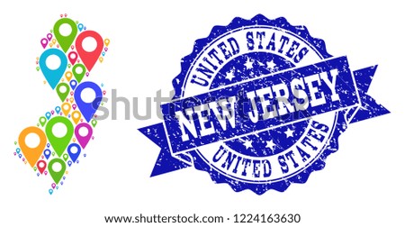 Compositions of bright map of New Jersey State and grunge stamp seal. Mosaic vector map of New Jersey State is created with bright map markers. Flat design elements for patriotic advertisement.