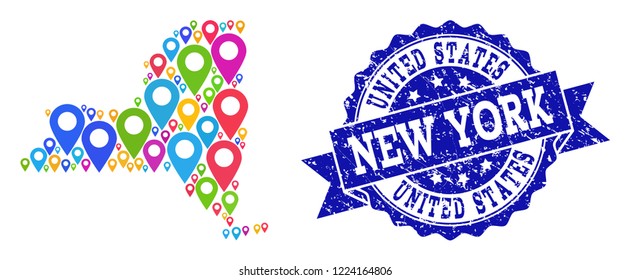Compositions of bright map of New York State and grunge stamp seal. Mosaic vector map of New York State is created with bright site markers. Abstract design elements for site purposes.