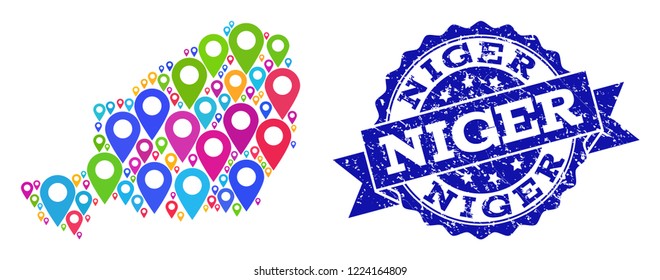 Compositions of bright map of Niger and grunge stamp seal. Mosaic vector map of Niger is designed with bright site pointers. Abstract design elements for touristic advertisement.