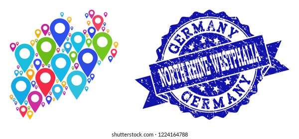 Compositions of bright map of North Rhine-Westphalia State and grunge stamp seal. Mosaic vector map of North Rhine-Westphalia State is designed with bright map pins.