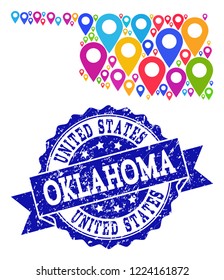 Compositions of bright map of Oklahoma State and grunge stamp seal. Mosaic vector map of Oklahoma State is formed with bright map pointers. Flat design elements for site wallpapers.