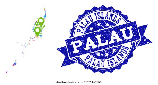 Compositions of bright map of Palau Islands and grunge stamp seal. Mosaic vector map of Palau Islands is composed with bright site pins. Flat design elements for politic projects.