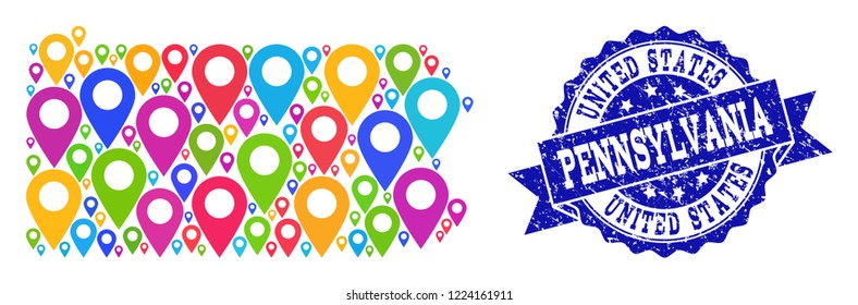 Compositions of bright map of Pennsylvania State and grunge stamp seal. Mosaic vector map of Pennsylvania State is created with bright site pointers. Flat design elements for patriotic applications.