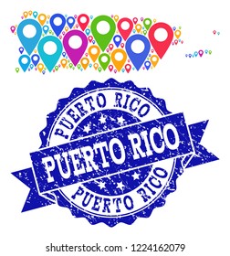 Compositions of bright map of Puerto Rico and grunge stamp seal. Mosaic vector map of Puerto Rico is composed with bright map markers. Flat design elements for site wallpapers.