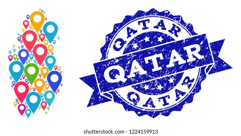Compositions of bright map of Qatar and grunge stamp seal. Mosaic vector map of Qatar is composed with bright site pins. Abstract design elements for site illustrations. Blue stamp contains rosette,