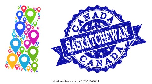 Compositions of bright map of Saskatchewan Province and grunge stamp seal. Mosaic vector map of Saskatchewan Province is formed with bright map markers. Abstract design elements for politic guides.