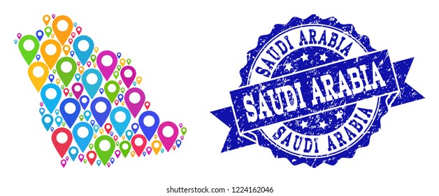 Compositions of bright map of Saudi Arabia and grunge stamp seal. Mosaic vector map of Saudi Arabia is formed with bright map markers. Abstract design elements for touristic wallpapers.
