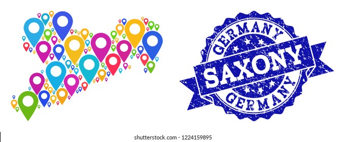 Compositions of bright map of Saxony State and grunge stamp seal. Mosaic vector map of Saxony State is composed with bright site pins. Abstract design elements for touristic illustrations.