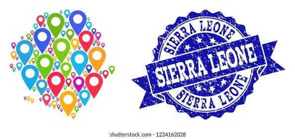 Compositions of bright map of Sierra Leone and grunge stamp seal. Mosaic vector map of Sierra Leone is created with bright site pins. Abstract design elements for site projects.
