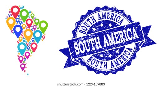 Compositions of bright map of South America and grunge stamp seal. Mosaic vector map of South America is composed with bright map markers. Flat design elements for touristic applications.