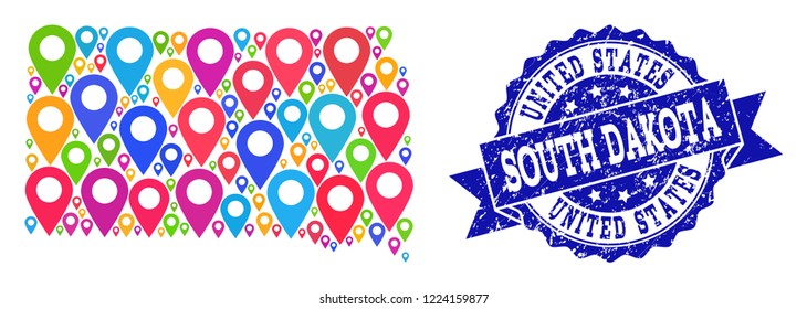 Compositions of bright map of South Dakota State and grunge stamp seal. Mosaic vector map of South Dakota State is designed with bright site markers. Flat design elements for patriotic posters.