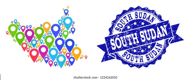Compositions of bright map of South Sudan and grunge stamp seal. Mosaic vector map of South Sudan is created with bright site markers. Flat design elements for touristic wallpapers.