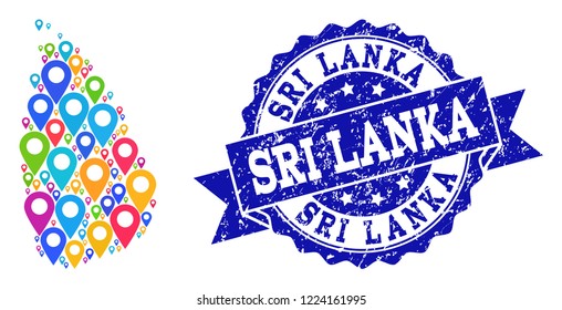 Compositions of bright map of Sri Lanka and grunge stamp seal. Mosaic vector map of Sri Lanka is composed with bright map pins. Abstract design elements for patriotic applications.
