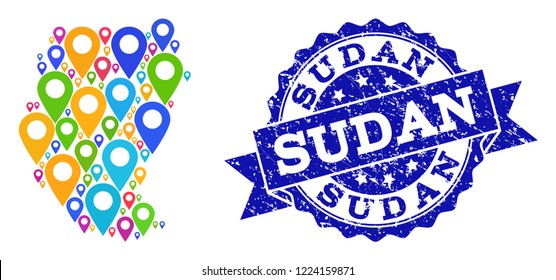 Compositions of bright map of Sudan and grunge stamp seal. Mosaic vector map of Sudan is formed with bright site pointers. Flat collage for site posters. Blue stamp contains rosette, ribbon, circle,