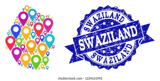 Compositions of bright map of Swaziland and grunge stamp seal. Mosaic vector map of Swaziland is created with bright site pins. Flat design elements for site wallpapers. Blue stamp contains rosette,
