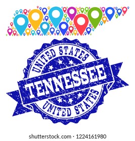 Compositions of bright map of Tennessee State and grunge stamp seal. Mosaic vector map of Tennessee State is created with bright map pins. Flat design elements for patriotic projects.